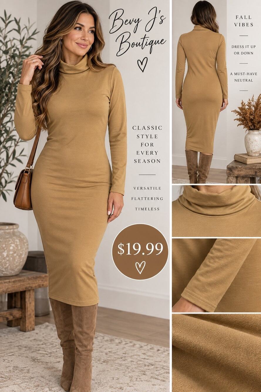 Women’s Tan Turtleneck Long Sleeve Bodycon MIDI Knit Stretch Pullover Sz S